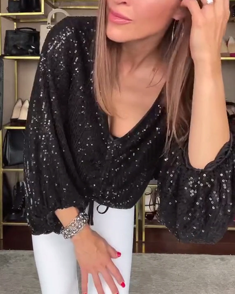 V-Hals Lanterneærme Skjorte Med Pailletter