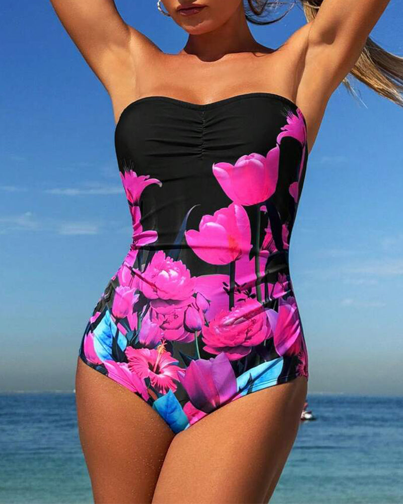 Badedragt Bandeau Blomstermønster Én Del