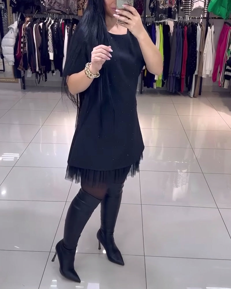 Kjole Med Kortærmet Mesh-Nederdel Med Perlesømme