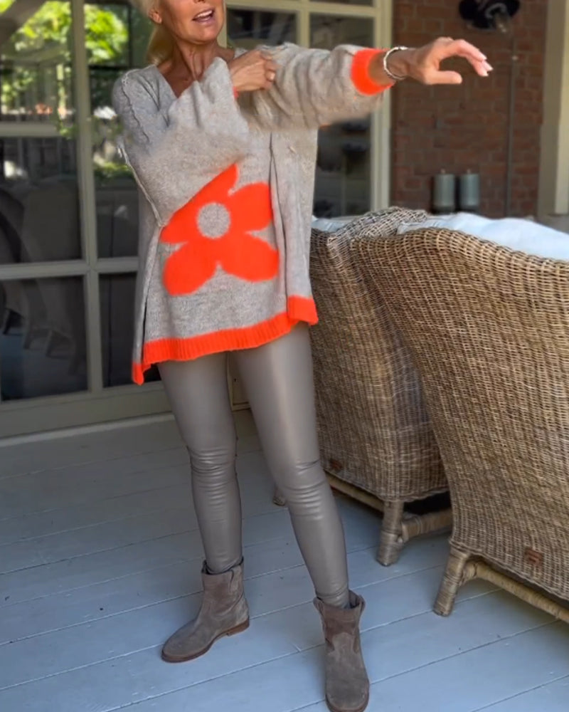 Blomstermønster v-hals sweater