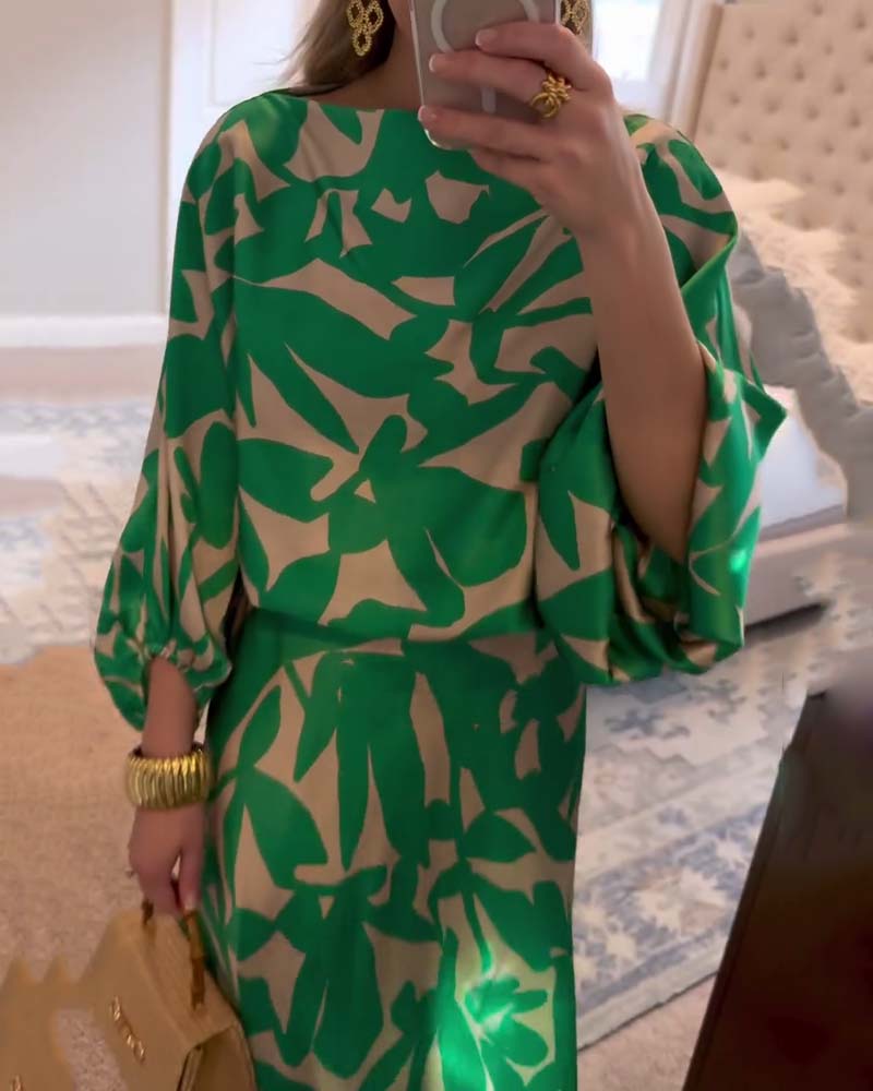 Sæt Kjole Afslappet Trykt Lanterneærmer Temperament