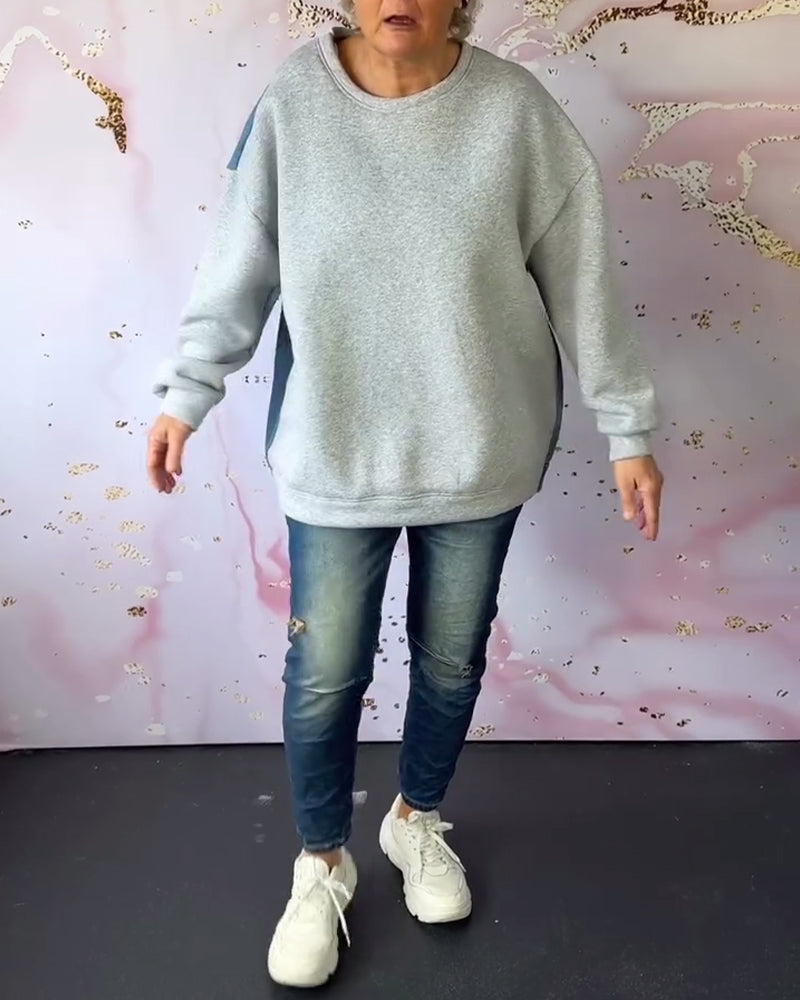 Sweatshirt med patchwork med rund hals