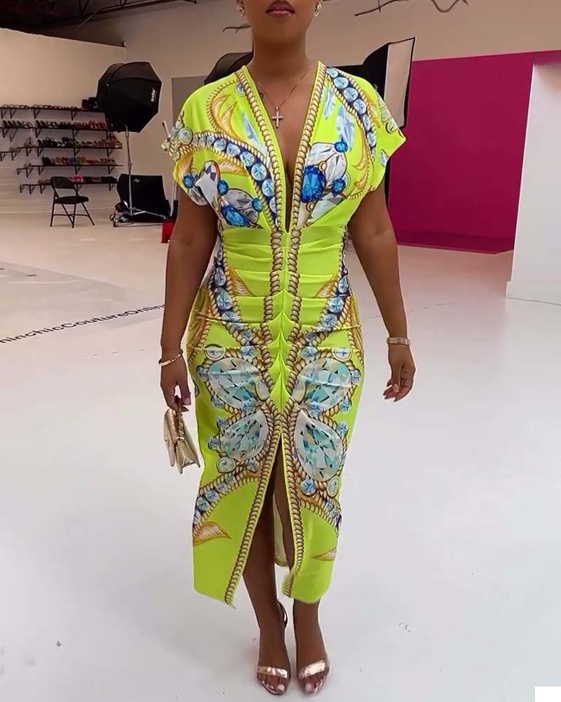 Gul slim fit kjole med print