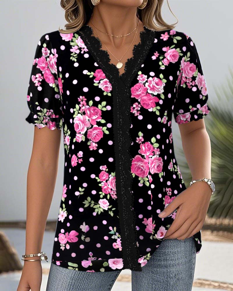 Bluse V-Hals Blonder Lanterneærmer Trykt