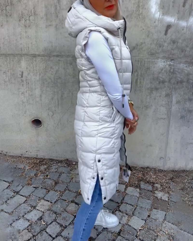 Lang vatteret jakkevest med hætte og lynlås