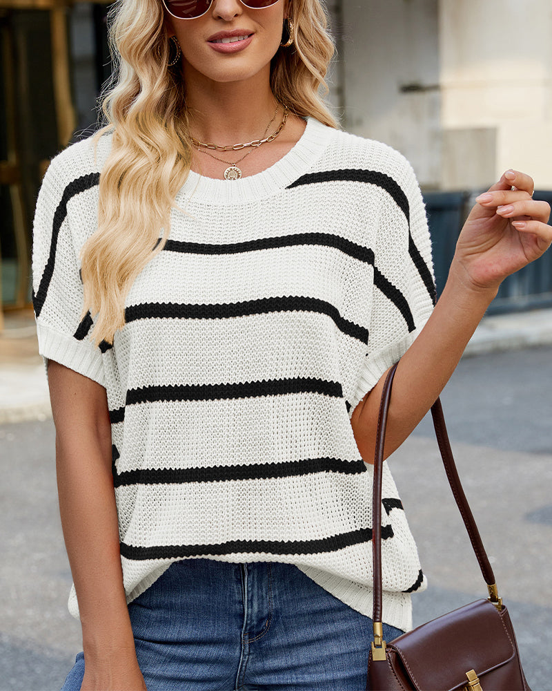 Sweater Stribet Drop Shoulder Kort Ærme