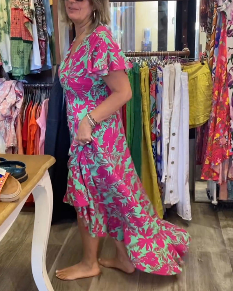 Kjole med print og korte ærmer