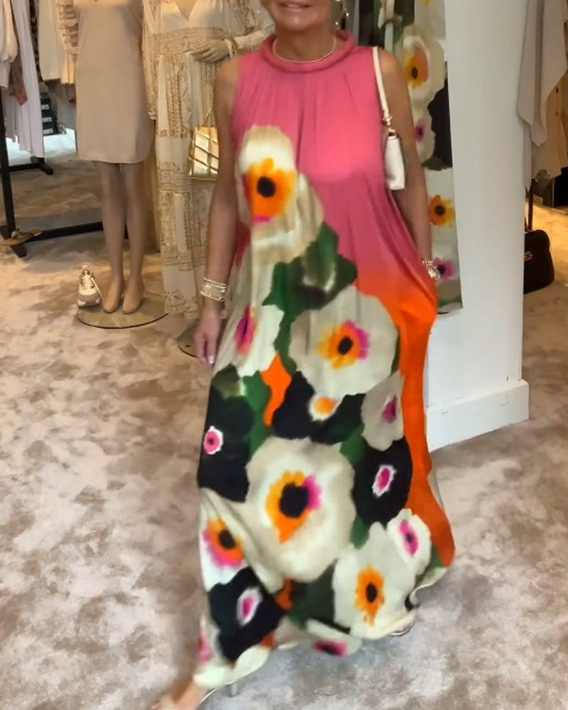 Afslappet lang kjole uden ærmer med blomstermotiv