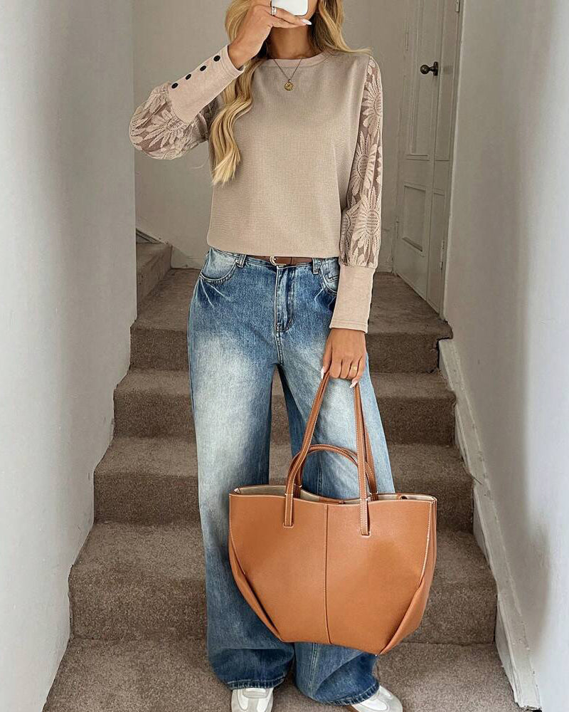 Top Blonde Hæklet Sammensyning Lange Ærmer