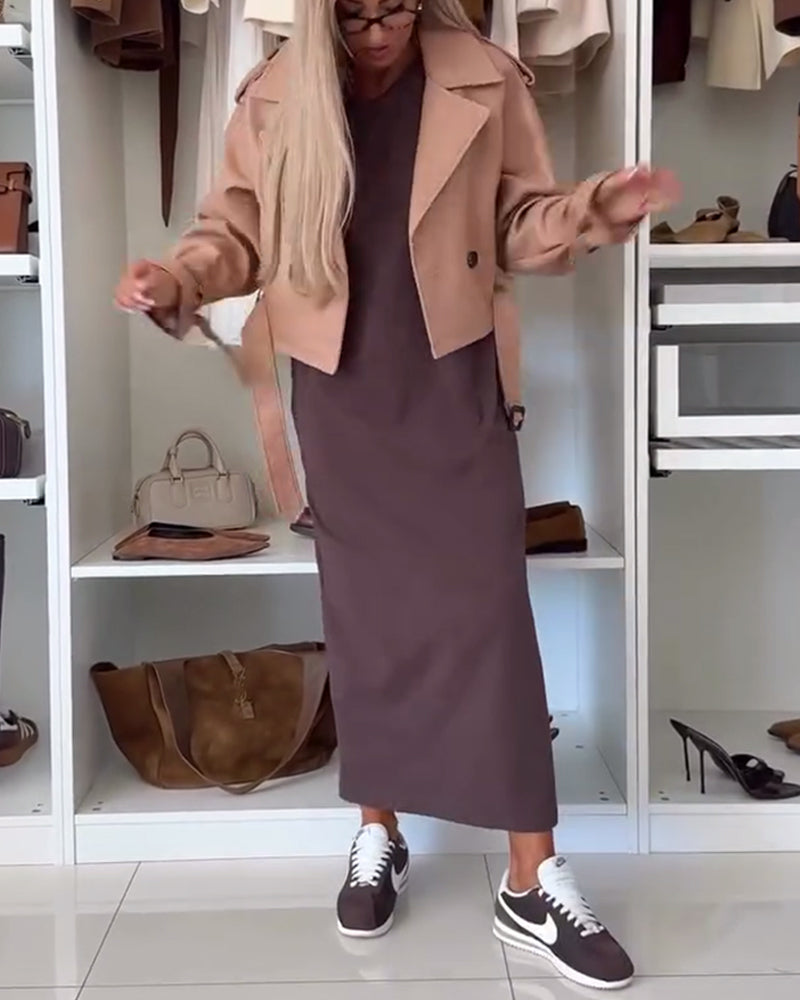 Kjole Ensfarvet Rundhalset Slit Tunika