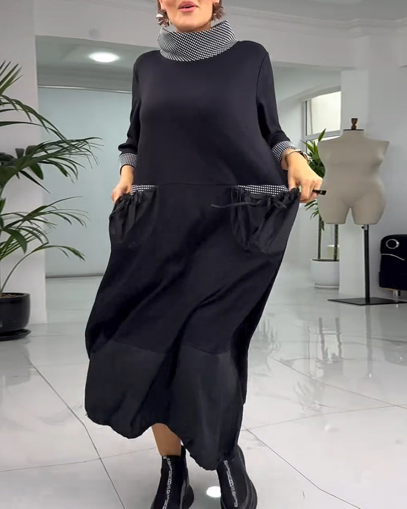 Afslappet patchworkkjole med høj krave