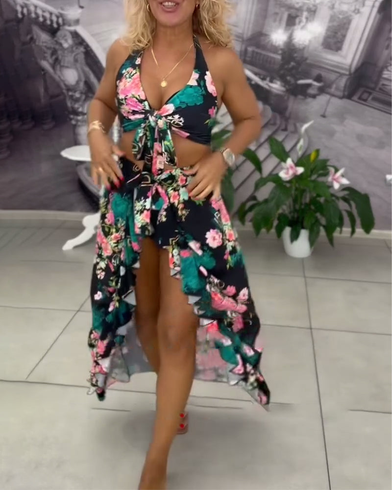 Badedragt Sexet Trykt Solbeskyttende Tredelt