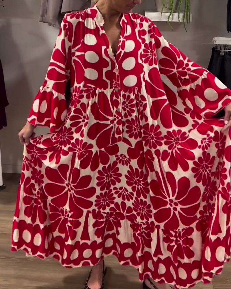 Kjole V-Hals Løs Plus Size Blomsterprint