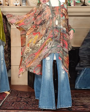 Bluse Løs Flagermuseærme Tryk