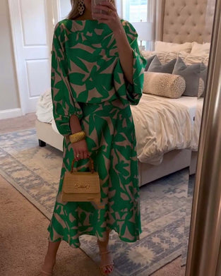 Sæt Kjole Afslappet Trykt Lanterneærmer Temperament