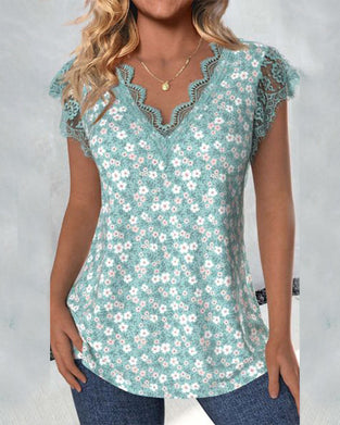 Bluse med blondekrave og print