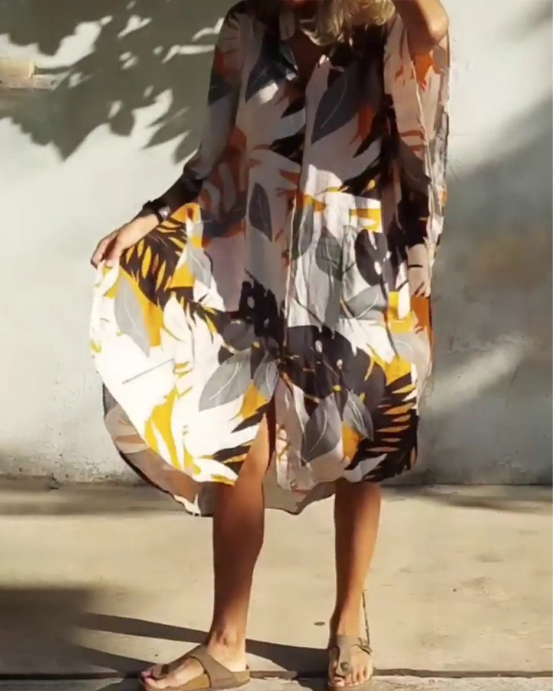 Kjole med lommer og bladprint