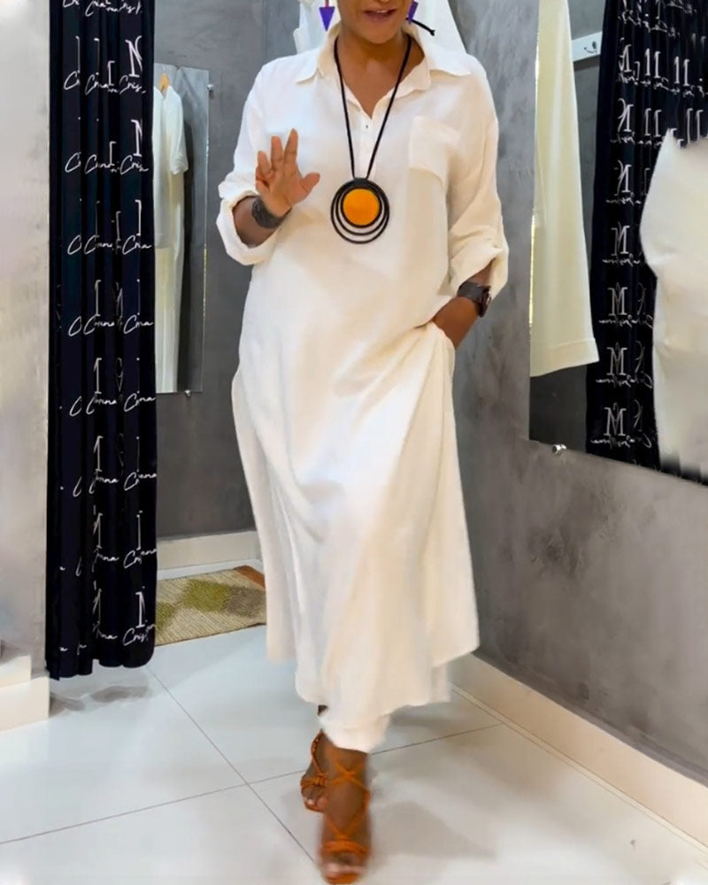 Hvid kjole med bred lapelkrave og lommer