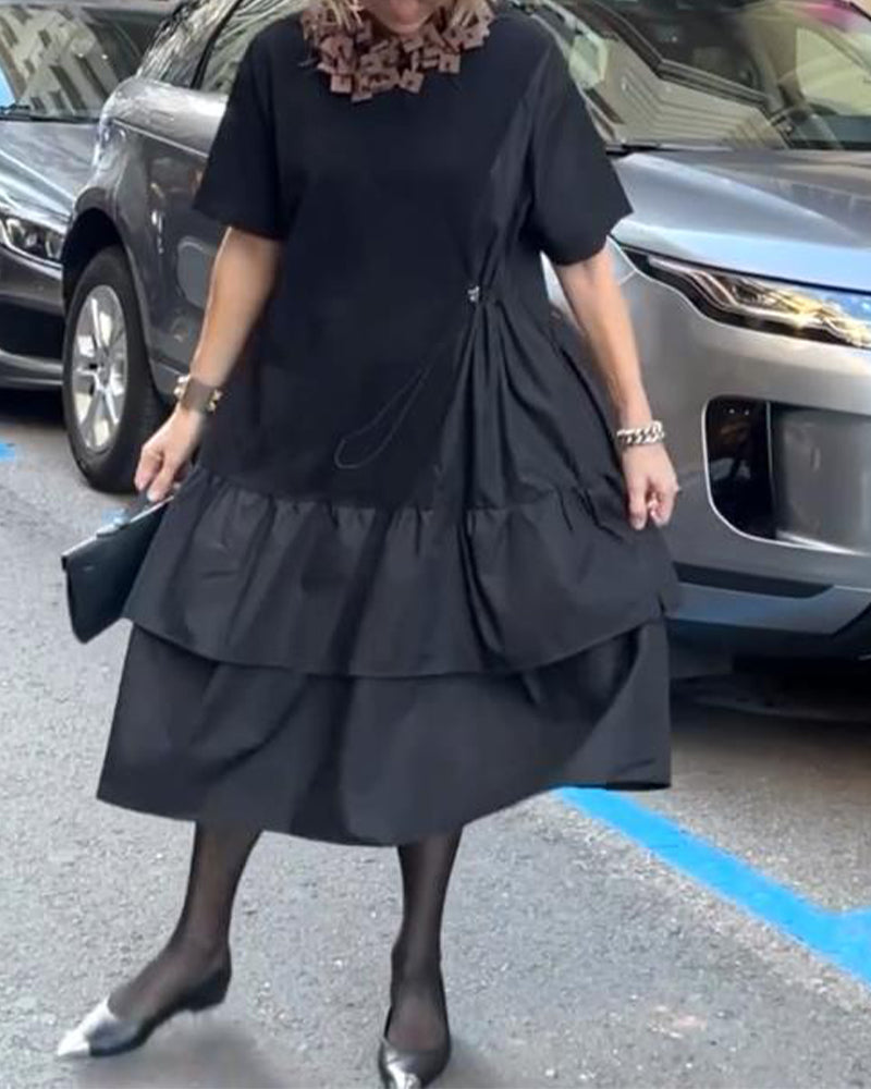 Kjole Rund Hals Korte Ærmer Patchwork Løs