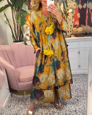 Afslappet to-delt sæt i Boho stil | Bluse og bukser med solsikker