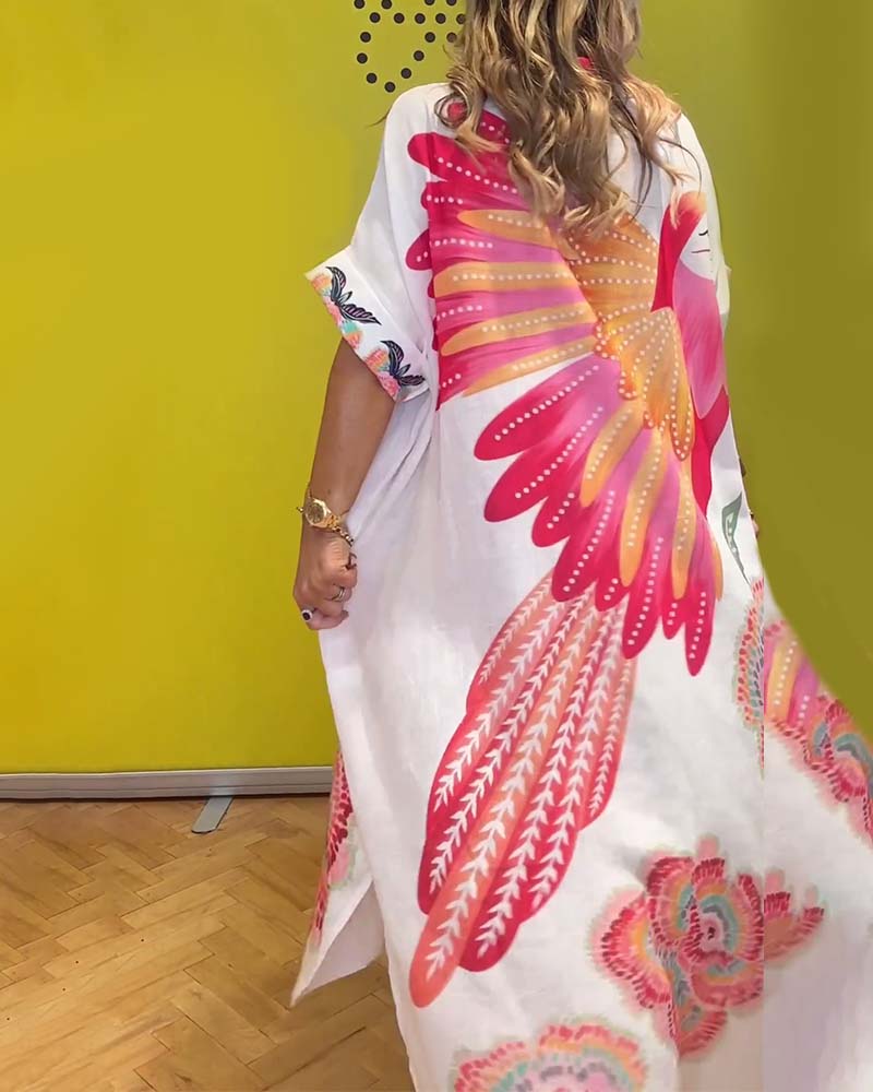 Lang printet kjole med revers