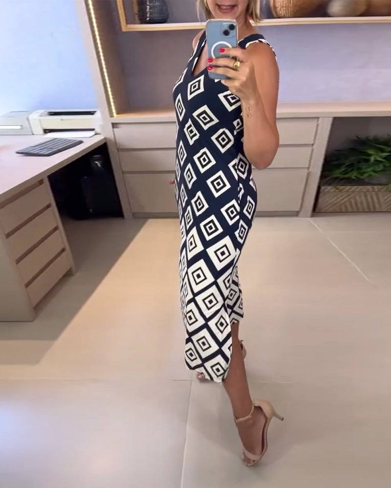 Kjole V-Hals Diamantprint Ærmeløs