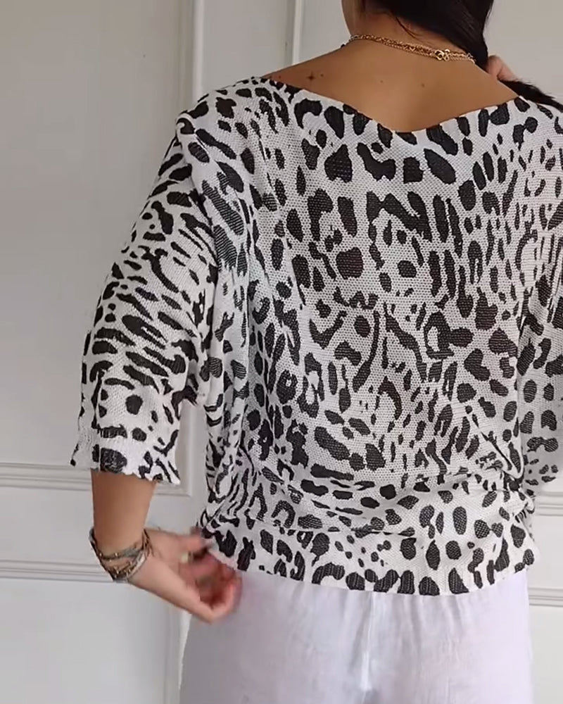 Sweater Trekvartærme Leopardprint Løstsiddende
