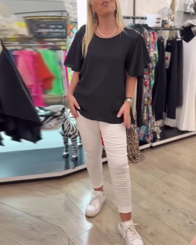 Bluse Rund Hals Ensfarvet