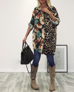 Revers patchworkskjorte med leopardprint