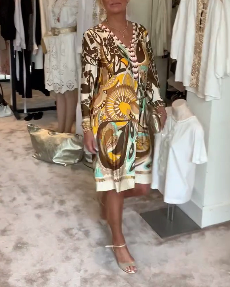 V-halset afslappet kjole med retroprint