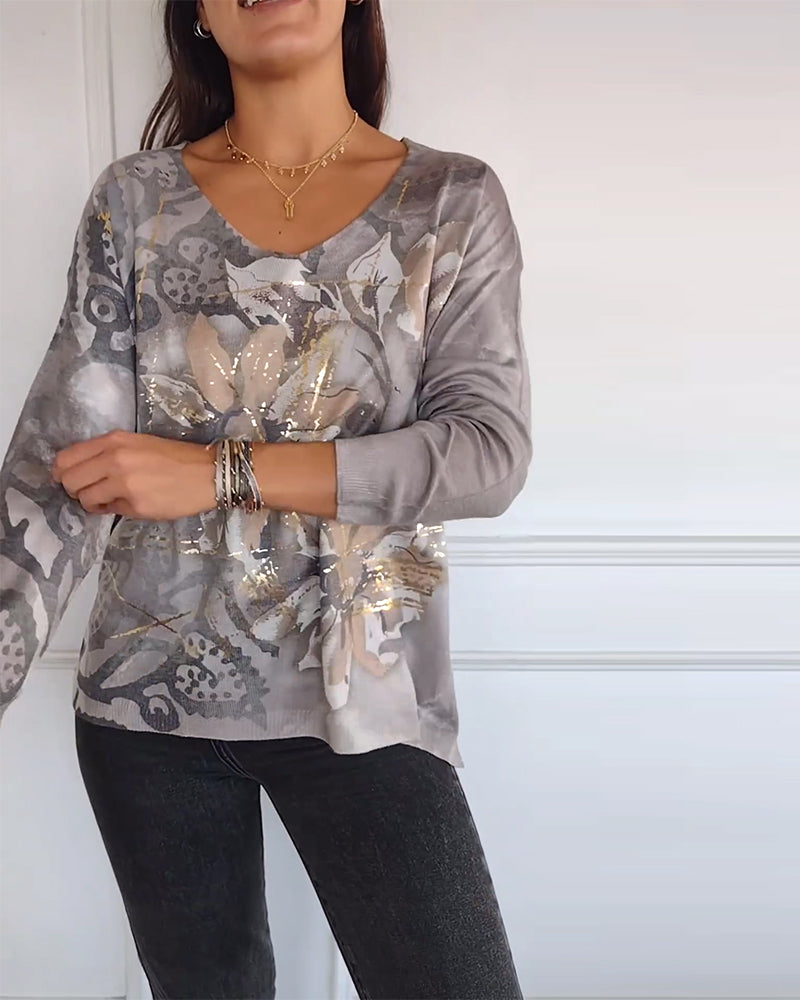 Langærmet blomstertop med V-hals