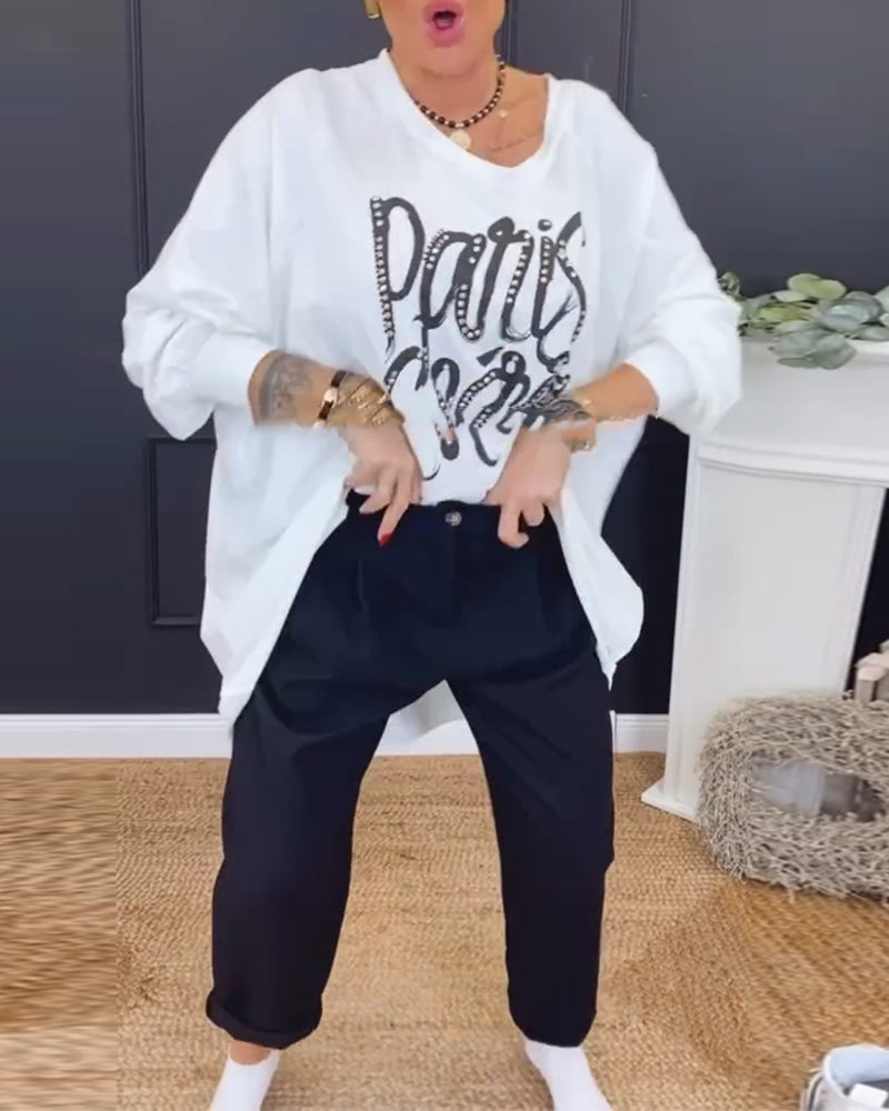 Top Rund Hals Uregelmæssig Bogstavtryk