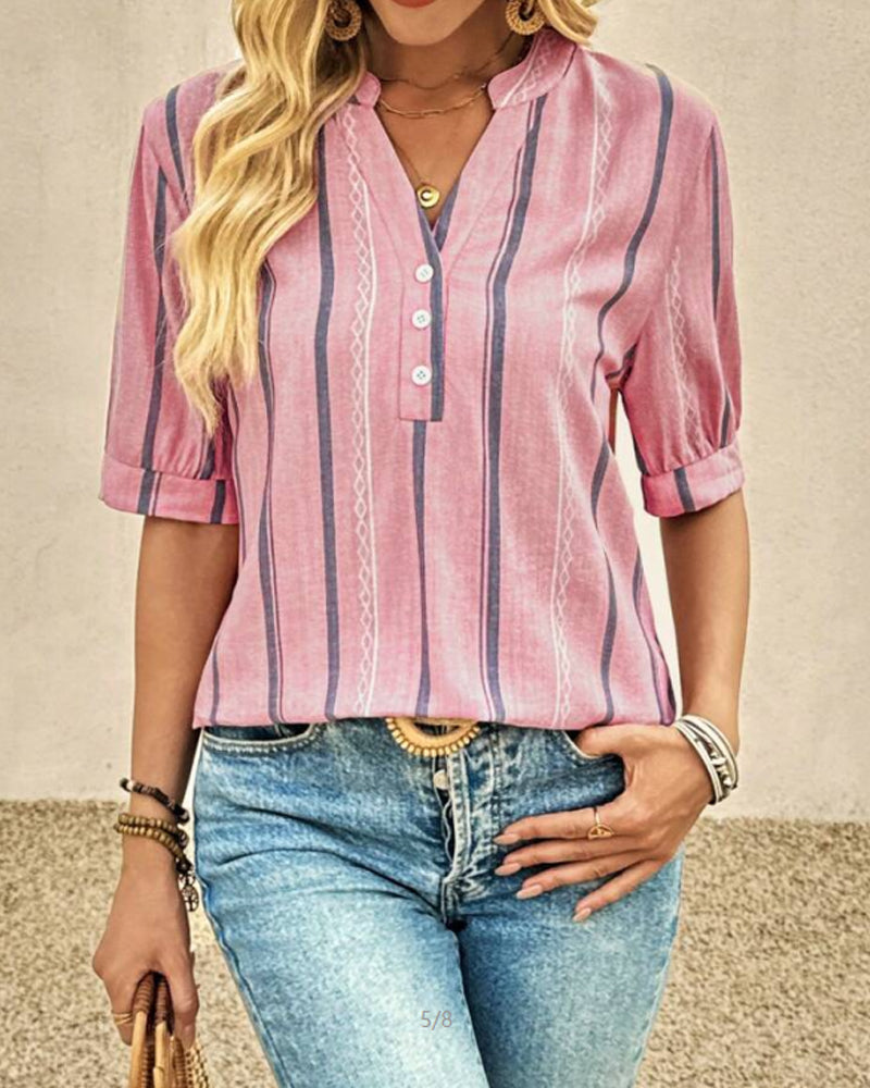 Bluse V-Hals Afslappet Stribet